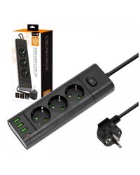 Kobi LINEA PRO XC stekkerdoos met 3 stopcontacten - 3x USB-A en USB-C - 3 meter - zwart