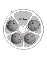 Technik 4-voudige ronde stekkerdoos 1.4m snoer + USB-A + USB-C 16A + schakelaar